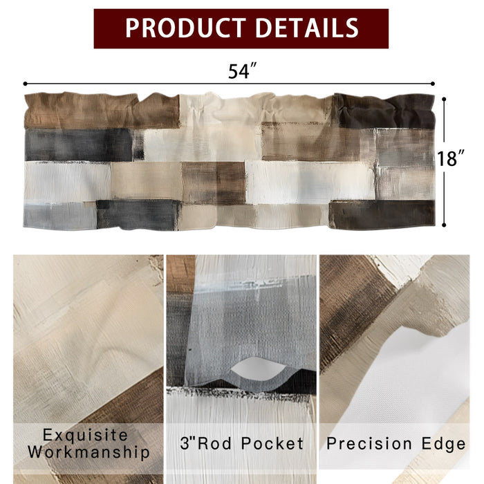 Abstract Neutral Color Blocks Kitchen Window Valance Curtain, Brushstroke Texture Rod Pocket Light Filtering Window Topper, 54 x 18 Inch, 1 Panel