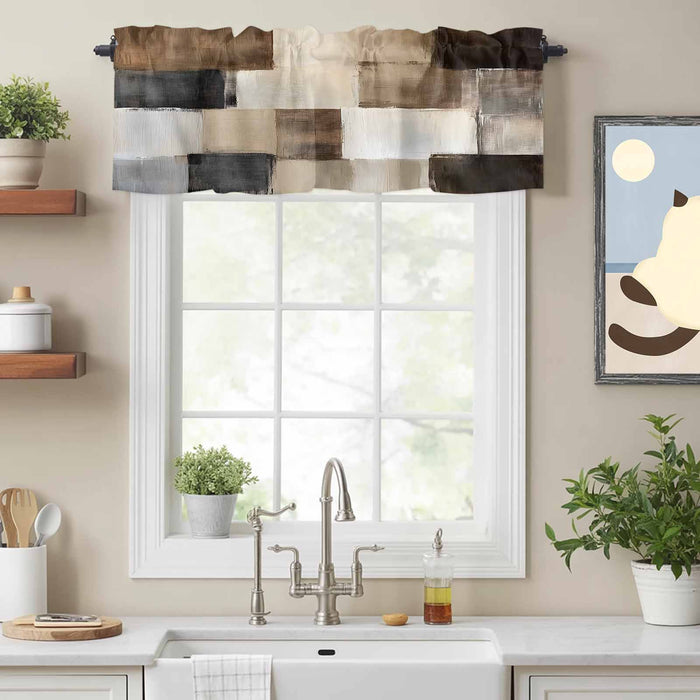 Abstract Neutral Color Blocks Kitchen Window Valance Curtain, Brushstroke Texture Rod Pocket Light Filtering Window Topper, 54 x 18 Inch, 1 Panel