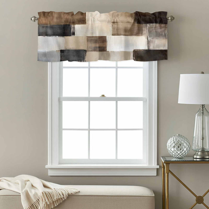 Abstract Neutral Color Blocks Kitchen Window Valance Curtain, Brushstroke Texture Rod Pocket Light Filtering Window Topper, 54 x 18 Inch, 1 Panel