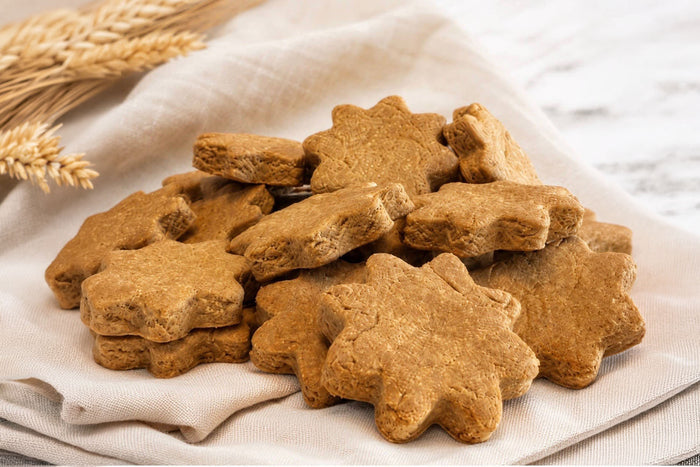 Close-up of Banana Bursts handcrafted dog treats, gluten-free banana biscuits made with wholesome ingredients.|Gros plan sur les friandises pour chiens artisanales à la banane sans gluten, préparés avec des ingrédients sains.
