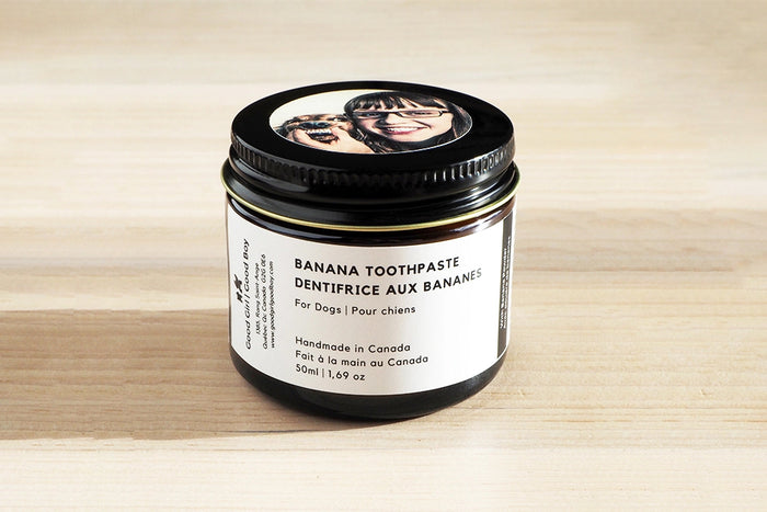 Jar of banana-flavored dog toothpaste on a wooden surface.|Pot de dentifrice pour chien à la saveur de banane sur une surface en bois.
