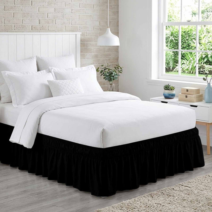 Bedliving Bed Skirt, Black Solid Color Adjustable Elastic Wrap Around Dust Ruffle, Drop Pleated Style