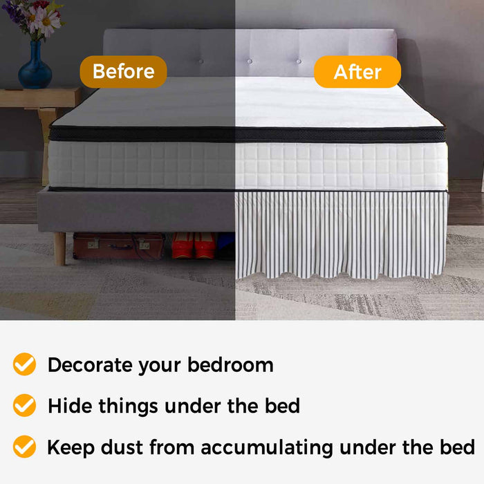 Bedliving Bed Skirt, Black Stripe Vertical Striped Adjustable Elastic Wrap Around Dust Ruffle, Drop Pleated Style