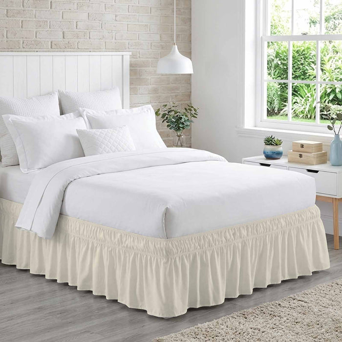 Bedliving Bed Skirt, Cream Solid Color Adjustable Elastic Wrap Around Dust Ruffle, Drop Pleated Style