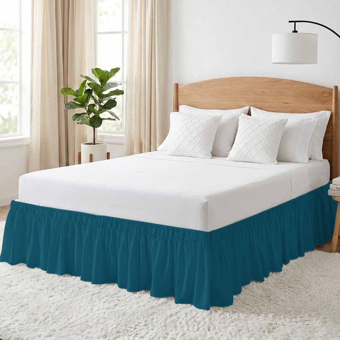 Bedliving Bed Skirt, Dark Teal Solid Green Color Adjustable Elastic Wrap Around Dust Ruffle, Drop Pleated Style
