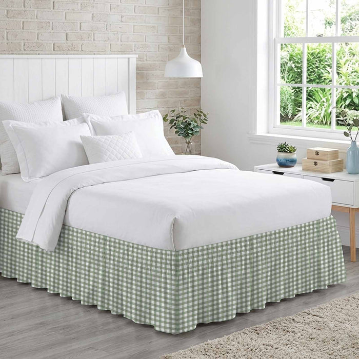 Bedliving Bed Skirt, Sage Green Plaid Check Adjustable Elastic Wrap Around Dust Ruffle, Drop Pleated Style