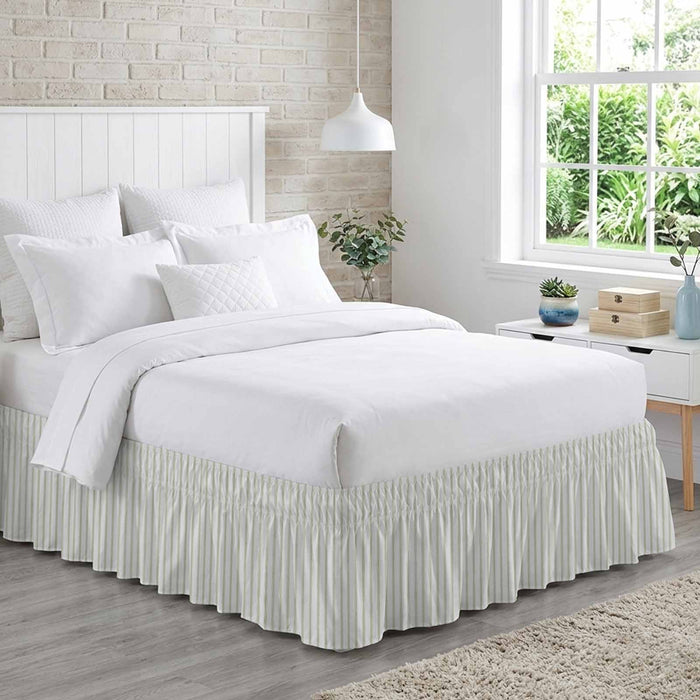 Bedliving Bed Skirt, Sage Green Stripes Vertical Striped Adjustable Elastic Wrap Around Dust Ruffle, Drop Pleated Style
