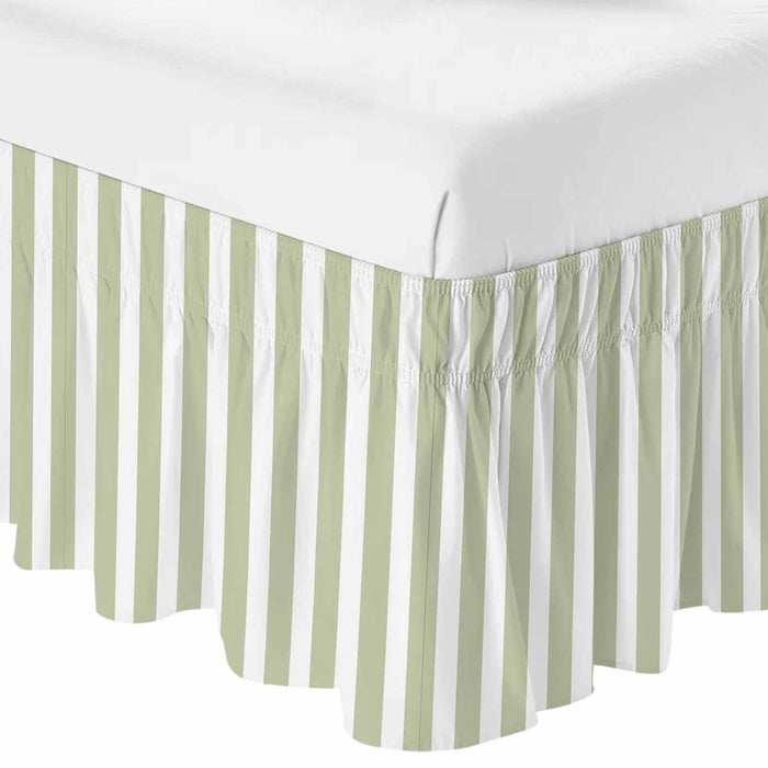 Bedliving Bed Skirt, Sage Green White Stripe Adjustable Elastic Wrap Around Dust Ruffle, Drop Pleated Style