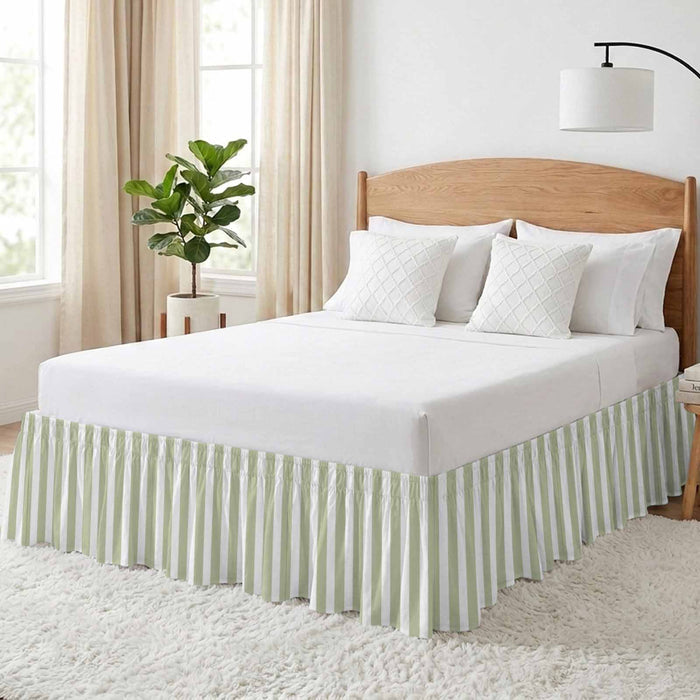 Bedliving Bed Skirt, Sage Green White Stripe Adjustable Elastic Wrap Around Dust Ruffle, Drop Pleated Style