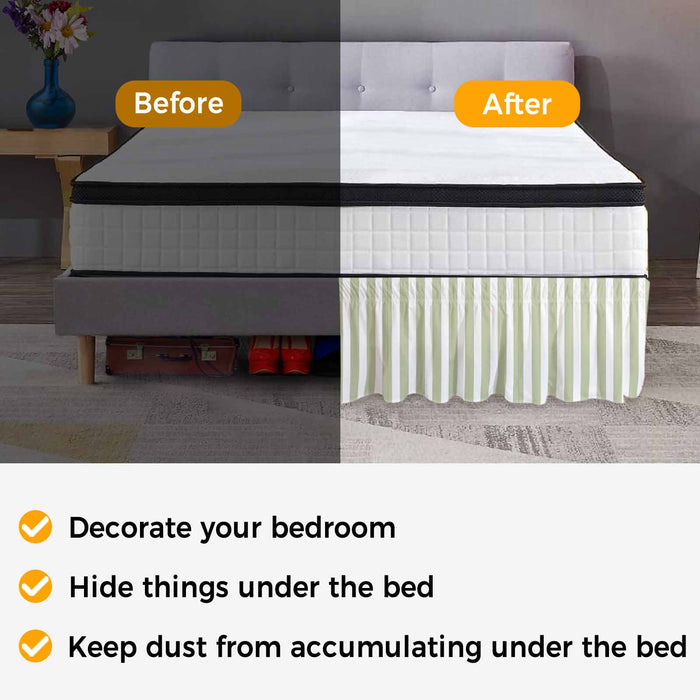 Bedliving Bed Skirt, Sage Green White Stripe Adjustable Elastic Wrap Around Dust Ruffle, Drop Pleated Style