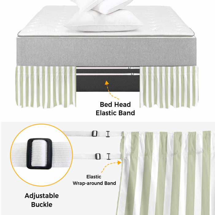 Bedliving Bed Skirt, Sage Green White Stripe Adjustable Elastic Wrap Around Dust Ruffle, Drop Pleated Style