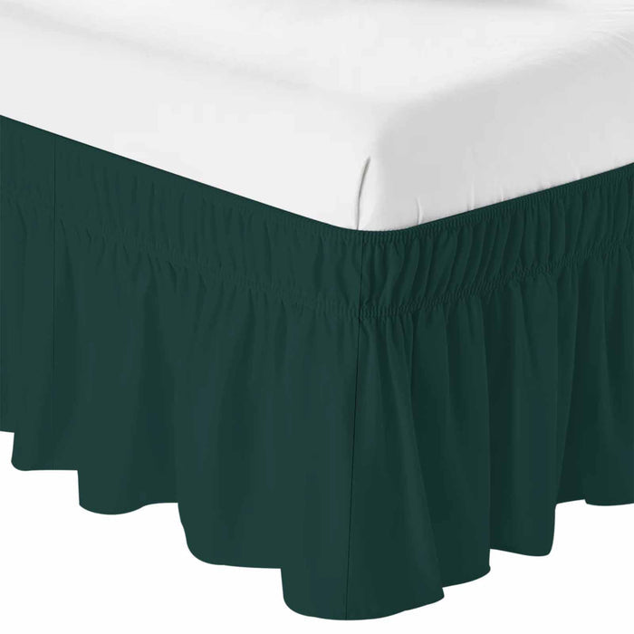 Bedliving Bed Skirt, Solid Color Dark Green Adjustable Elastic Wrap Around Dust Ruffle, Drop Pleated Style