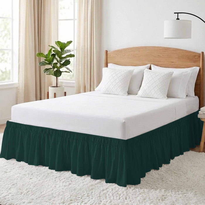 Bedliving Bed Skirt, Solid Color Dark Green Adjustable Elastic Wrap Around Dust Ruffle, Drop Pleated Style