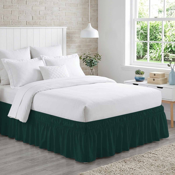 Bedliving Bed Skirt, Solid Color Dark Green Adjustable Elastic Wrap Around Dust Ruffle, Drop Pleated Style