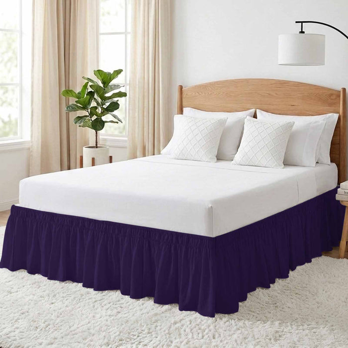 Bedliving Bed Skirt, Solid Color Dark Purple Adjustable Elastic Wrap Around Dust Ruffle, Drop Pleated Style