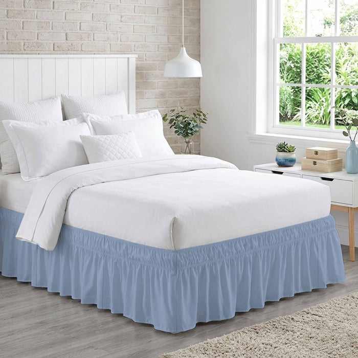 Bedliving Bed Skirt, Solid Color Light Blue Adjustable Elastic Wrap Around Dust Ruffle, Drop Pleated Style
