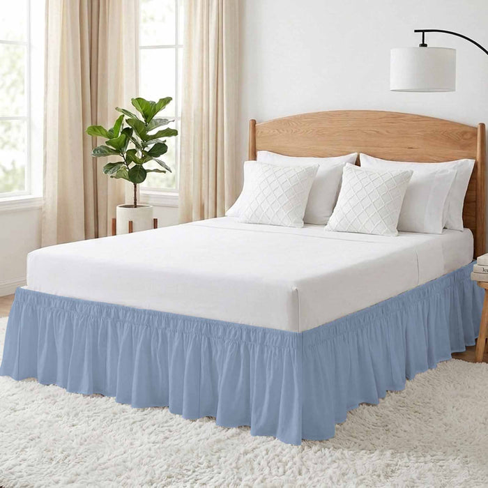 Bedliving Bed Skirt, Solid Color Light Blue Adjustable Elastic Wrap Around Dust Ruffle, Drop Pleated Style