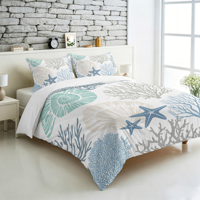 Bedliving Comforter Set 3 Pieces Coastal Coral Seashell Ocean Bedding with 2 Pillow Shams, Soft Microfiber Cover, Teal Blue