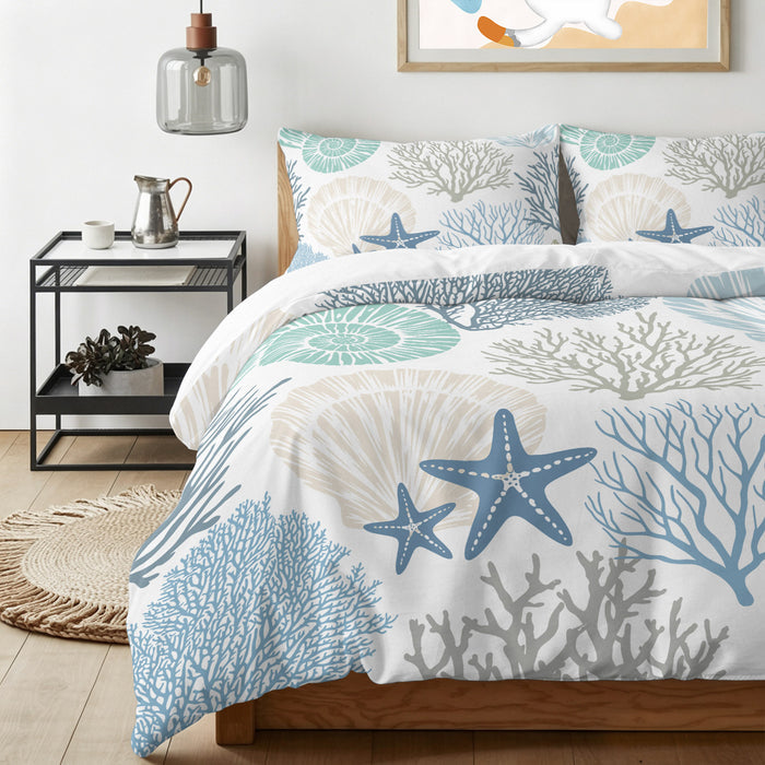 Bedliving Comforter Set 3 Pieces Coastal Coral Seashell Ocean Bedding with 2 Pillow Shams, Soft Microfiber Cover, Teal Blue