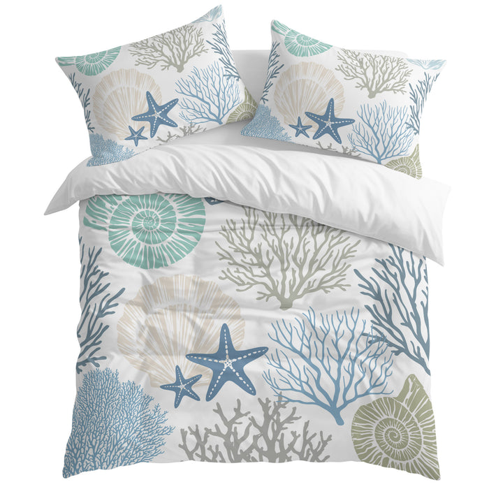 Bedliving Comforter Set 3 Pieces Coastal Coral Seashell Ocean Bedding with 2 Pillow Shams, Soft Microfiber Cover, Teal Blue
