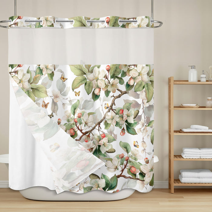 Bedliving No Hook Shower Curtain with Snap in Liner, Built-In Ring Fabric Shower Curtain Set, Mesh Top Window, Green White Botanical Floral 72"x74"