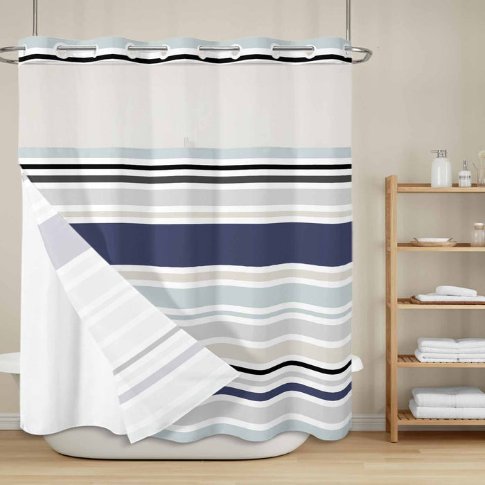 Bedliving No Hook Shower Curtain with Snap in Liner, Built-In Ring Fabric Shower Curtain Set, Mesh Top Window, Blue Grey Modern Stripe 72"x74"