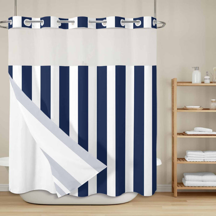 Bedliving No Hook Shower Curtain with Snap in Liner, Built-In Ring Fabric Shower Curtain Set, Mesh Top Window, Navy Blue White Cabana Stripe 72"x74"