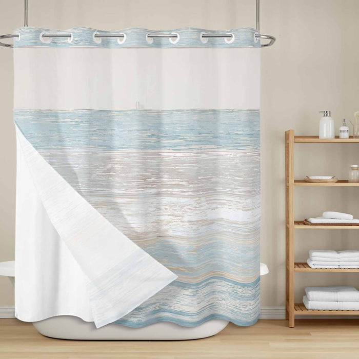 Bedliving No Hook Shower Curtain with Snap in Liner, Built-In Ring Fabric Shower Curtain Set, Mesh Top Window, Blue Beige Coastal Wave Bath 72"x74"