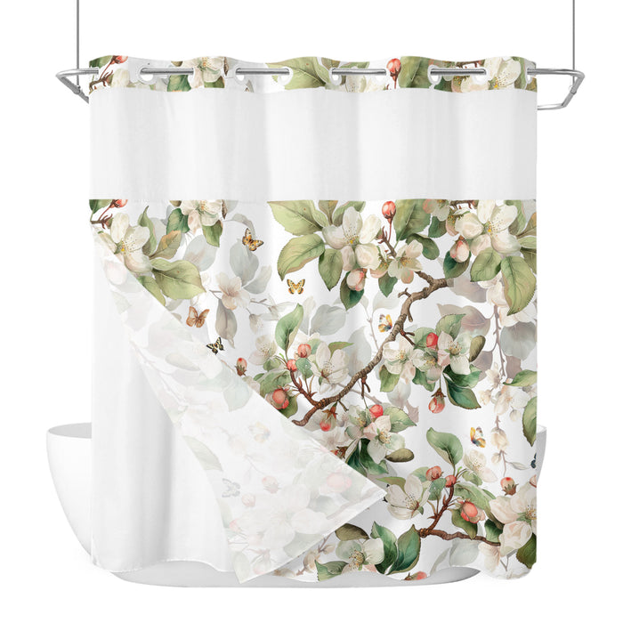 Bedliving No Hook Shower Curtain with Snap in Liner, Built-In Ring Fabric Shower Curtain Set, Mesh Top Window, Green White Botanical Floral 72"x74"