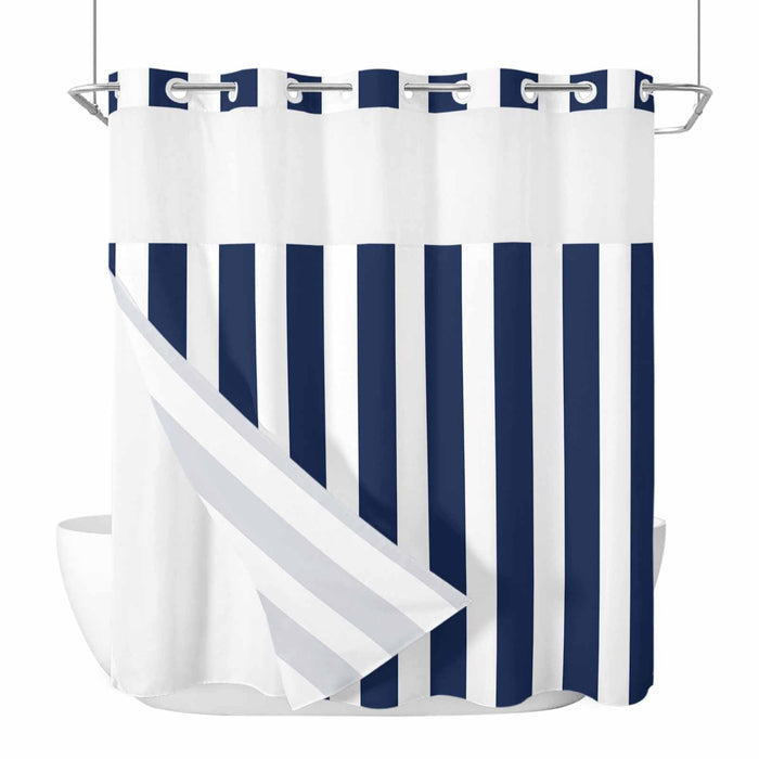 Bedliving No Hook Shower Curtain with Snap in Liner, Built-In Ring Fabric Shower Curtain Set, Mesh Top Window, Navy Blue White Cabana Stripe 72"x74"