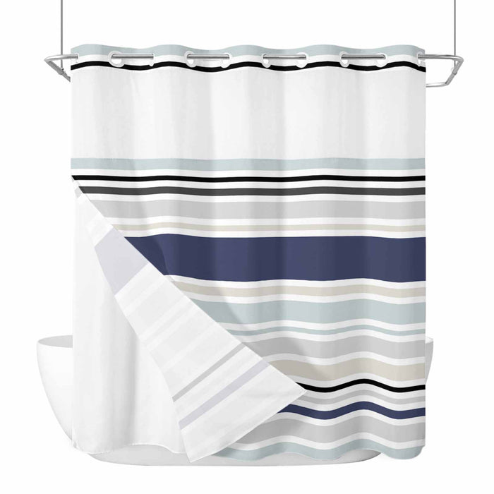 Bedliving No Hook Shower Curtain with Snap in Liner, Built-In Ring Fabric Shower Curtain Set, Mesh Top Window, Blue Grey Modern Stripe 72"x74"
