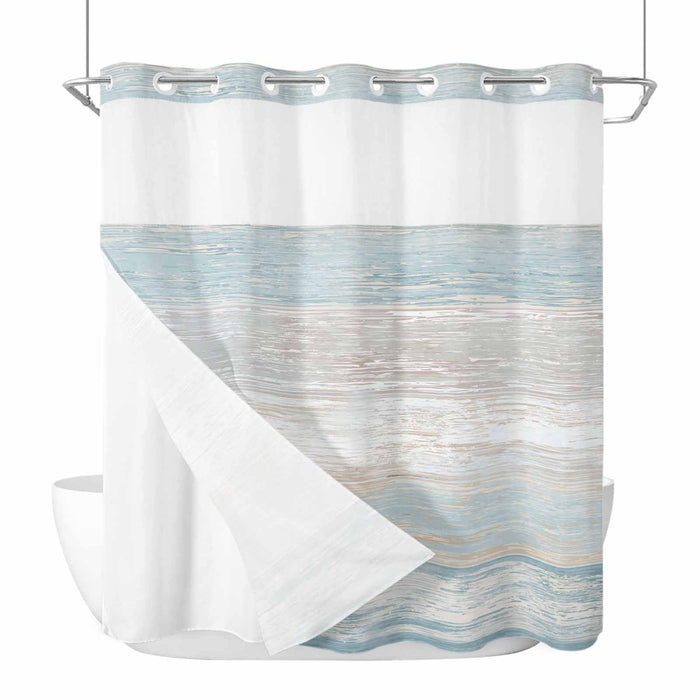 Bedliving No Hook Shower Curtain with Snap in Liner, Built-In Ring Fabric Shower Curtain Set, Mesh Top Window, Blue Beige Coastal Wave Bath 72"x74"