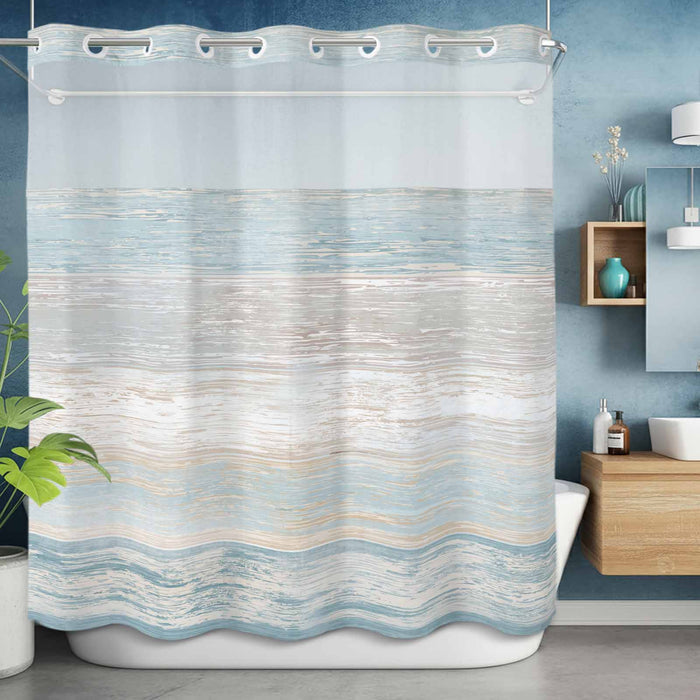 Bedliving No Hook Shower Curtain with Snap in Liner, Built-In Ring Fabric Shower Curtain Set, Mesh Top Window, Blue Beige Coastal Wave Bath 72"x74"