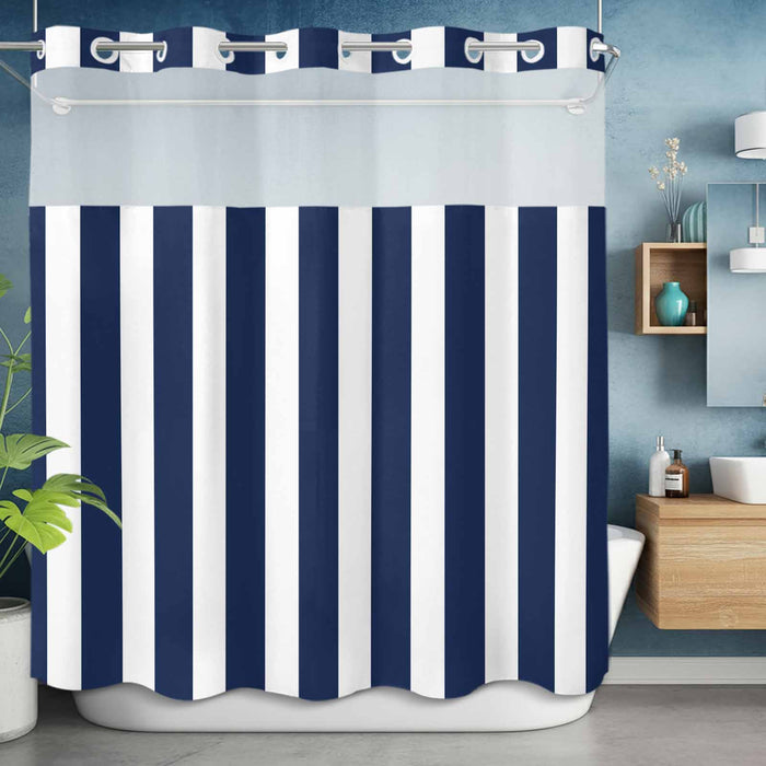 Bedliving No Hook Shower Curtain with Snap in Liner, Built-In Ring Fabric Shower Curtain Set, Mesh Top Window, Navy Blue White Cabana Stripe 72"x74"