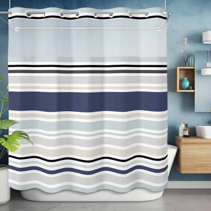 Bedliving No Hook Shower Curtain with Snap in Liner, Built-In Ring Fabric Shower Curtain Set, Mesh Top Window, Blue Grey Modern Stripe 72"x74"