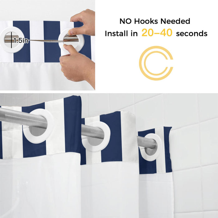 Bedliving No Hook Shower Curtain with Snap in Liner, Built-In Ring Fabric Shower Curtain Set, Mesh Top Window, Navy Blue White Cabana Stripe 72"x74"
