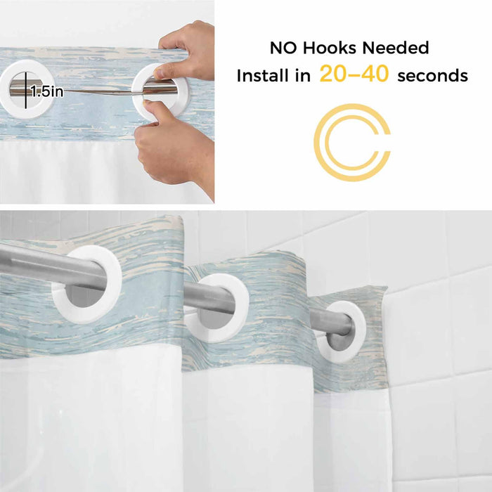 Bedliving No Hook Shower Curtain with Snap in Liner, Built-In Ring Fabric Shower Curtain Set, Mesh Top Window, Blue Beige Coastal Wave Bath 72"x74"