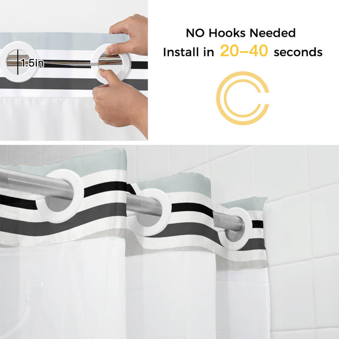 Bedliving No Hook Shower Curtain with Snap in Liner, Built-In Ring Fabric Shower Curtain Set, Mesh Top Window, Blue Grey Modern Stripe 72"x74"