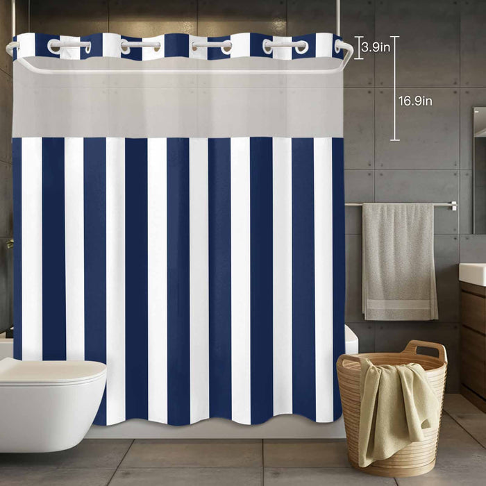 Bedliving No Hook Shower Curtain with Snap in Liner, Built-In Ring Fabric Shower Curtain Set, Mesh Top Window, Navy Blue White Cabana Stripe 72"x74"