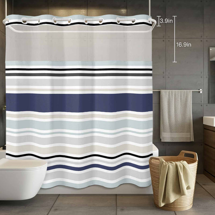 Bedliving No Hook Shower Curtain with Snap in Liner, Built-In Ring Fabric Shower Curtain Set, Mesh Top Window, Blue Grey Modern Stripe 72"x74"