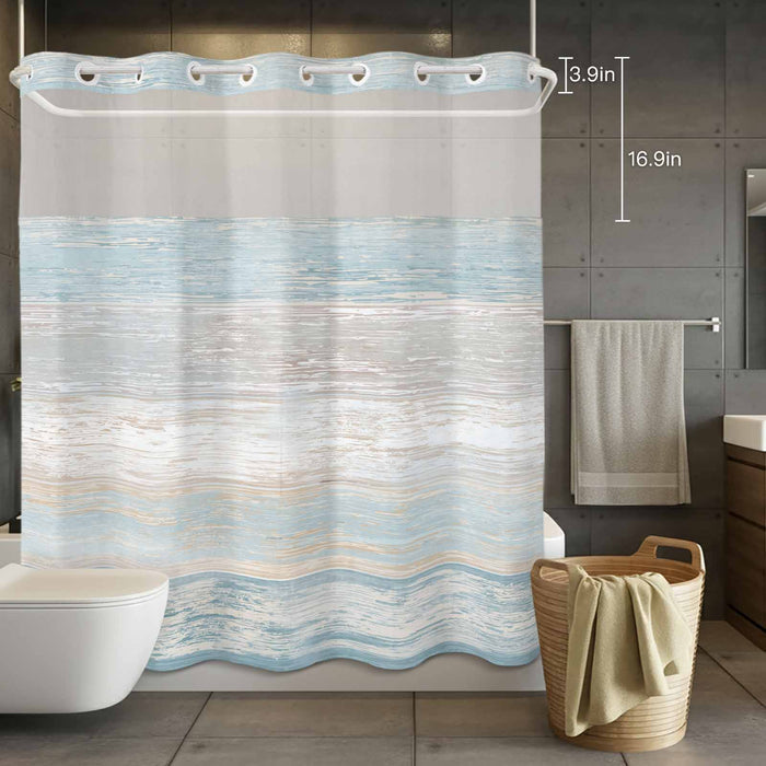 Bedliving No Hook Shower Curtain with Snap in Liner, Built-In Ring Fabric Shower Curtain Set, Mesh Top Window, Blue Beige Coastal Wave Bath 72"x74"