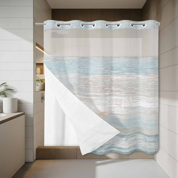 Bedliving No Hook Shower Curtain with Snap in Liner, Built-In Ring Fabric Shower Curtain Set, Mesh Top Window, Blue Beige Coastal Wave Bath 72"x74"
