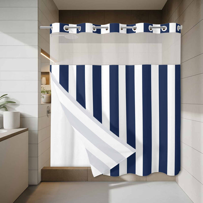 Bedliving No Hook Shower Curtain with Snap in Liner, Built-In Ring Fabric Shower Curtain Set, Mesh Top Window, Navy Blue White Cabana Stripe 72"x74"