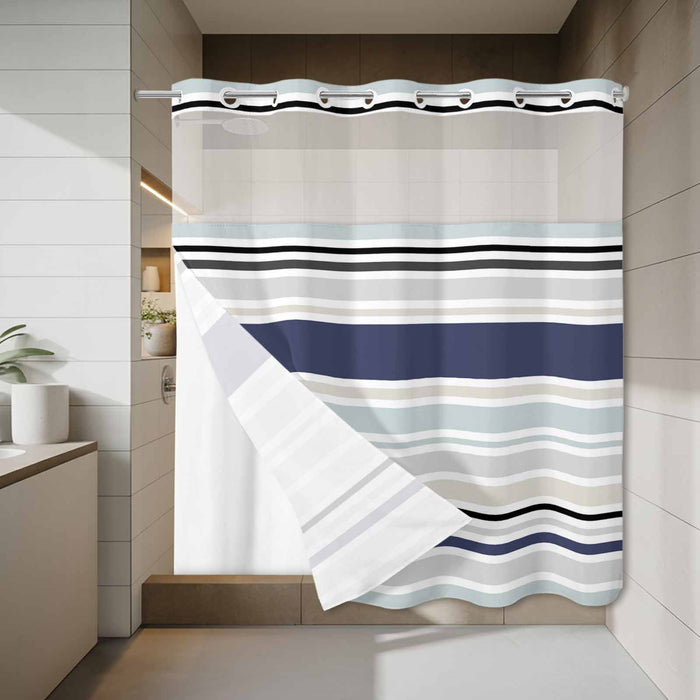 Bedliving No Hook Shower Curtain with Snap in Liner, Built-In Ring Fabric Shower Curtain Set, Mesh Top Window, Blue Grey Modern Stripe 72"x74"