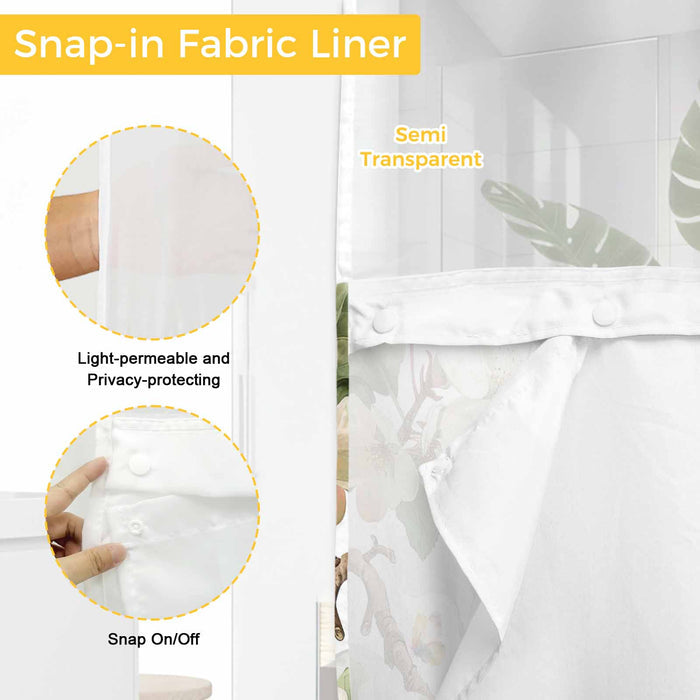 Bedliving No Hook Shower Curtain with Snap in Liner, Built-In Ring Fabric Shower Curtain Set, Mesh Top Window, Green White Botanical Floral 72"x74"