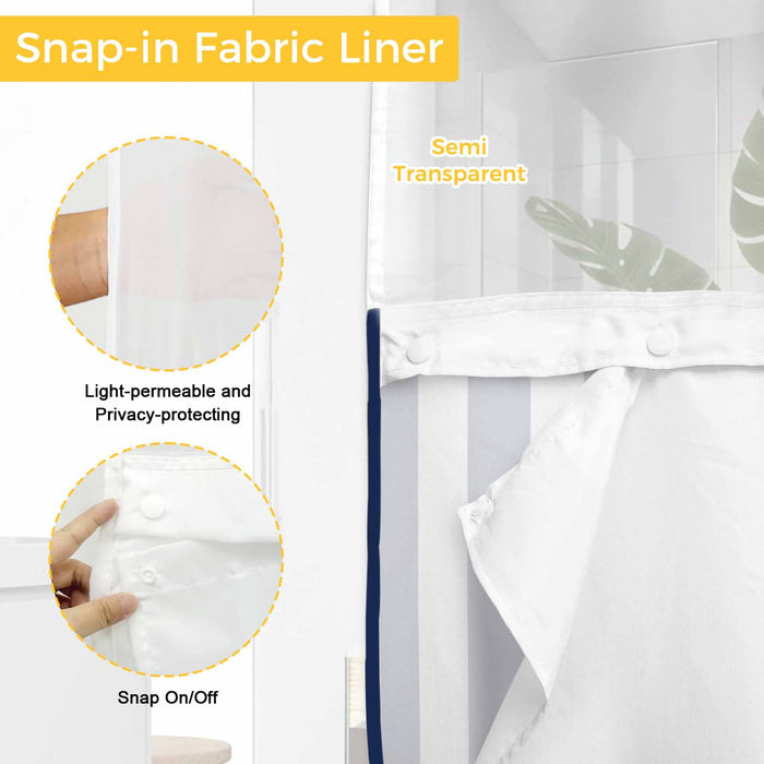 Bedliving No Hook Shower Curtain with Snap in Liner, Built-In Ring Fabric Shower Curtain Set, Mesh Top Window, Navy Blue White Cabana Stripe 72"x74"