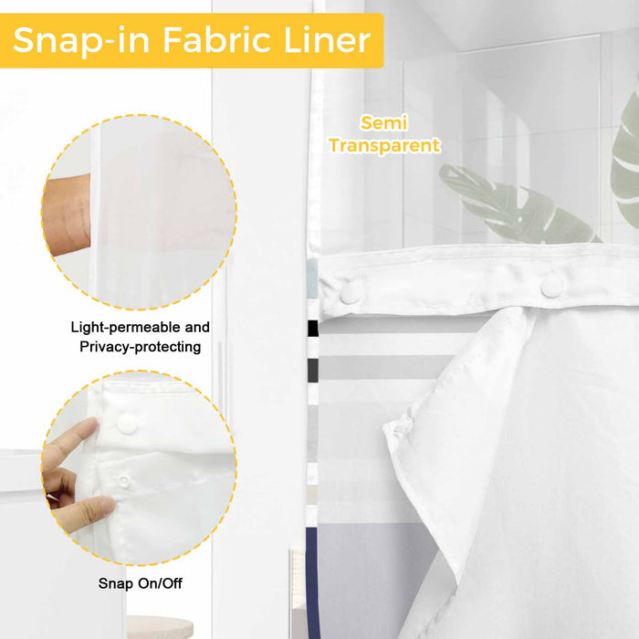 Bedliving No Hook Shower Curtain with Snap in Liner, Built-In Ring Fabric Shower Curtain Set, Mesh Top Window, Blue Grey Modern Stripe 72"x74"