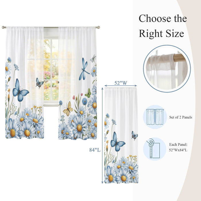 Bedliving Sheer Curtains Inches Long 2 Panels Blue Daisy Floral Light Filtering Voile Drapes Rod Pocket for Bedroom Living Room Decor