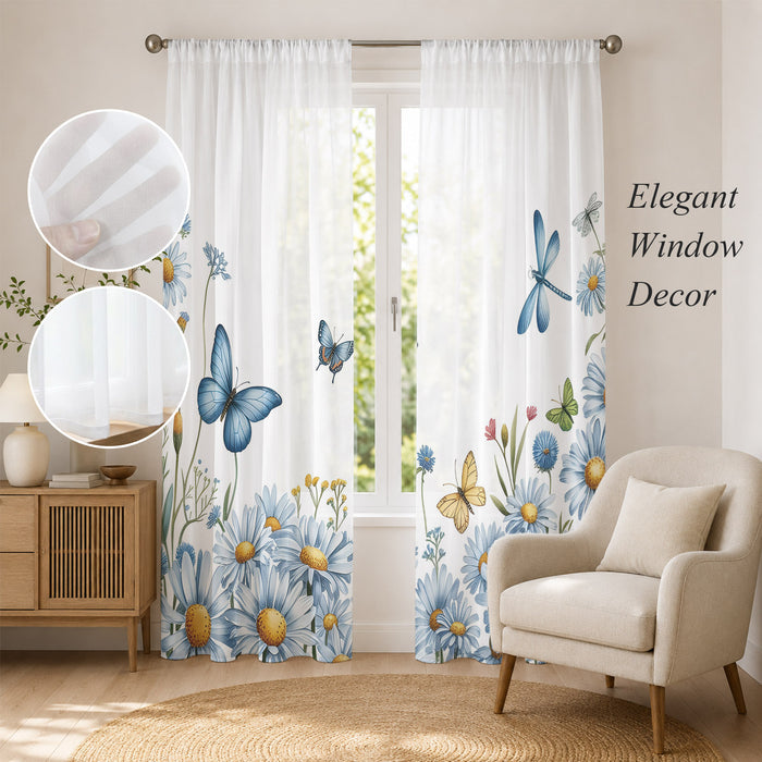 Bedliving Sheer Curtains Inches Long 2 Panels Blue Daisy Floral Light Filtering Voile Drapes Rod Pocket for Bedroom Living Room Decor