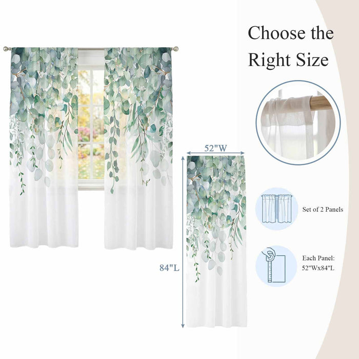 Bedliving Sheer Curtains Inches Long 2 Panels Sage Green Eucalyptus Leaves Light Filtering Voile Drapes Rod Pocket for Bedroom Living Room Decor
